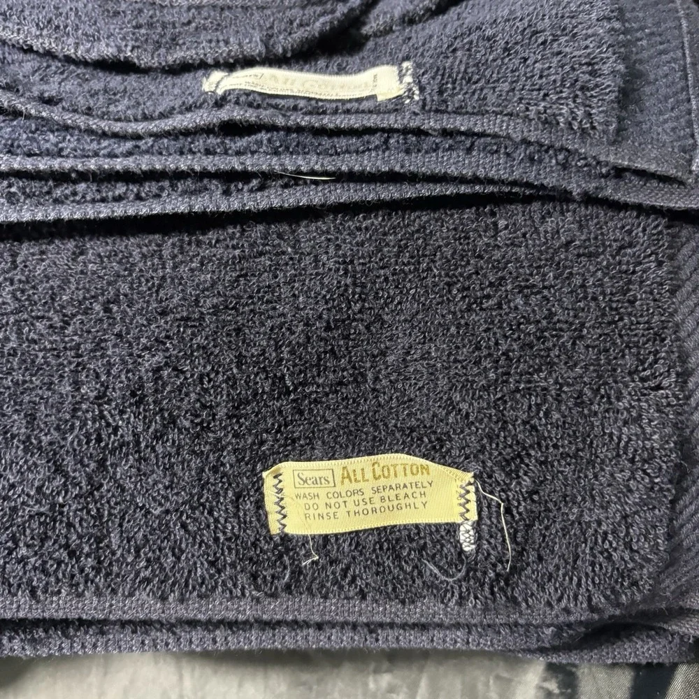 Vtg Sears Navy Blue Cotton Towel Set 3pc MCM Retro Bath Hand Washcloth USA